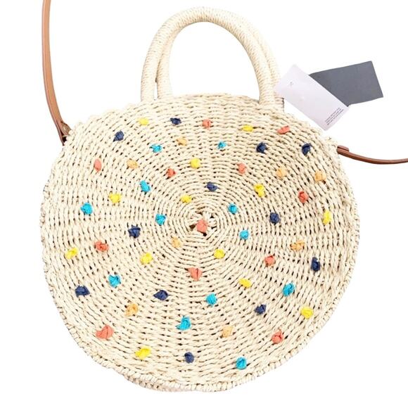 LOFT Outlet Rattan Wicker Circle Purse Colorful Pom Poms Shoulder Bag NWT OS - Picture 2 of 10